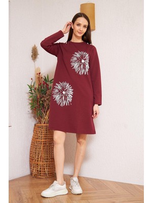 Darlin Moda Kadın Bordo Baskılı Düğme Detaylı Tunik DM60346