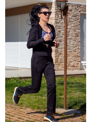 Azıcık Akıllı Kadın Siyah Iki Şeritli Biyeli Fermuarlı Kapüşonlu Spor Eşofman Takımı 21KESTAX11