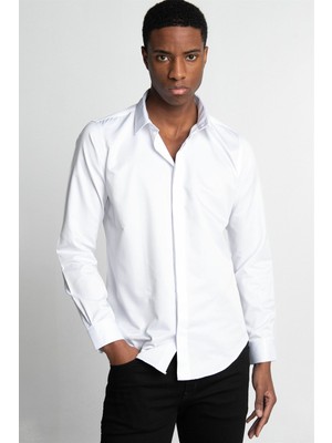 Tudors Slim Fit Uzun Kollu Gizli Pat Sırtı Körüklü Düz Erkek Beyaz Gömlek