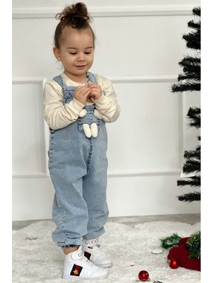 Pollito Unisex Çocuk 2'li Mavi Kot Tulum Uzun Kol Bağlamalı Teddy Oyuncaklı Mevsimlik