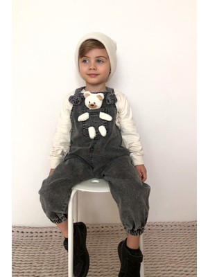 Pollito Unisex Çocuk Askısı Bağlamalı Teddy Oyuncaklı 2'li Mavi Kot Salopet