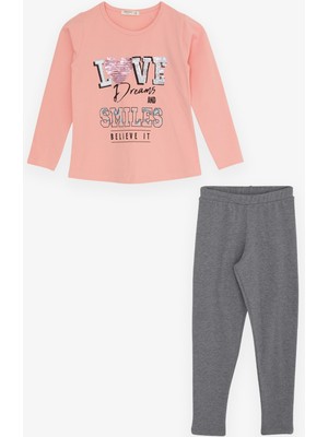 Breeze Kız Çocuk Taytlı Takım Yazı Baskılı 4-9 Yaş, Pudra