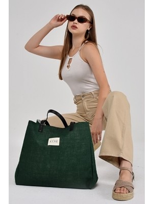 İcone Bag Yeşil Renk Kadın Çantası, Kadın Hasır El ve Omuz Çantası, Hasır Çanta, Keten Çanta, Straw Bag