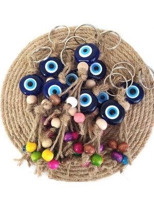 HD Marketim 10 Adet Anahtarlık Kötü Göz Kovucu Nazar Hand Made Hasır Renkli Ahşap Boncuklu Nazarlık