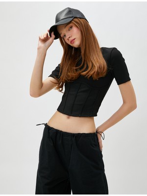 Koton Crop Tişört Korse Görünümlü Kısa Kollu Bisiklet Yaka