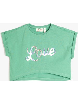 Koton Crop Tişört Oversize Kısa Kollu Pul Payet Işlemeli Pamuklu