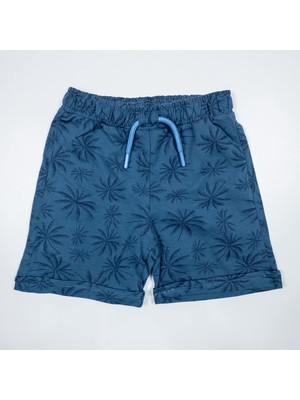 Divonette Unisex Palmiye Desenli Pamuklu Indigo Çocuk Şort