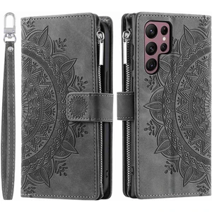 For Samsung Galaxy S23 Ultra, Mandala Çiçek Baskılı Pu Deri Stand Kapağı Çoklu Kart Yuvası Cüzdan (Yurt Dışından)