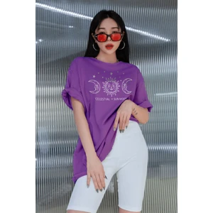 Kadın Mor Oversize Celestial Sun Moon Baskılı T-Shirt - K211310