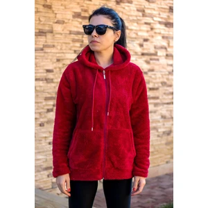Azıcık Akıllı Kadın Kırmızı Peluş Yumoş Fermuarlı Kapüşonlu Cepli Welsoft Ceket 22KCKTERES