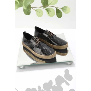 Parlak Siyah Kroko  Kadın Espadril K01309230311