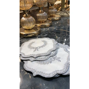 Bonny Home Arma Krem-Gri 6'lı Kokteyl Kahve Sunum Peçetesi Maraş Işi Sırma Nakış Işlemeli Gardenya Sunumluk Peçete