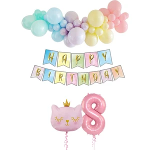 Bi Dolu Mutluluk Kedi Temalı Unicorn Doğum Günü Seti Makaron Balon  Parti