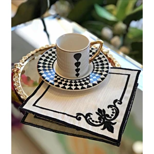 Bonny Home Köşeli Siyah 6'Lı Kokteyl Kahve Sunum Peçetesi Maraş Işi Sırma Nakış Işlemeli Gardenya Sunumluk Peçete