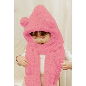 Babykid Pembe Çocuk Kapşonlu Peluş Bere Atkı Eldiven Welsoft  Boyunluk Rüzgar Geçirmez Kulaklı Şapka