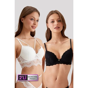 Pierre Cardin 2'li Ekonomik Paket Siyah-Ekru 4731001-2 Rome Balenli Soft Push Up Dantelli Sütyen Set