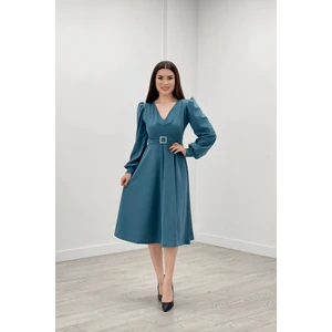 giyimmasalı Ithal Krep Kumaş Kemer Detaylı Midi Elbise - Su Yeşili10