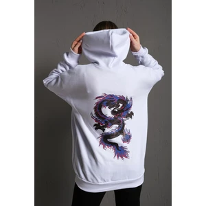 Kadın Kapüşonlu Beyaz Oversize Sırt Baskılı Ejderha Sweatshirt