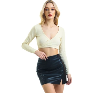 Kruvaze Yaka Uzun Kollu Crop Bluz