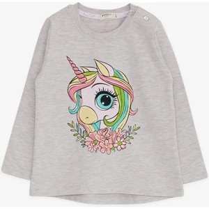 Kız Çocuk Uzun Kollu Tişört Unicorn Baskılı 1.5-5 Yaş, Bej Melanj