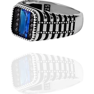 Encili Silver 925 Ayar Gümüş Özel Tasarım Mavi Taşlı Erkek Yüzük