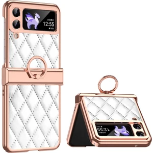 Samsung Galaxy Z Flip3 Için 5g Yüzük Kickstand Elektraplatma Pu Deri Kaplamalı Pc Kılıfı Baskılı Rhombus Izgara Deseni Katlanır Telefon Kapağı (Yurt Dışından)