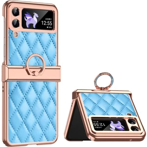 Samsung Galaxy Z Flip3 Için 5g Yüzük Kickstand Elektraplatma Pu Deri Kaplamalı Pc Kılıfı Baskılı Rhombus Izgara Deseni Katlanır Telefon Kapağı (Yurt Dışından)