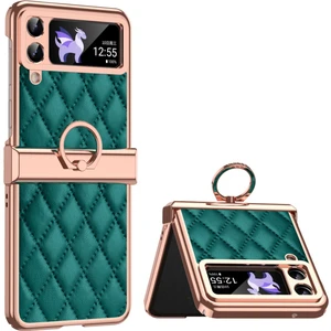 Samsung Galaxy Z Flip3 Için 5g Yüzük Kickstand Elektraplatma Pu Deri Kaplamalı Pc Kılıfı Baskılı Rhombus Izgara Deseni Katlanır Telefon Kapağı (Yurt Dışından)