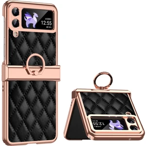Samsung Galaxy Z Flip3 Için 5g Yüzük Kickstand Elektraplatma Pu Deri Kaplamalı Pc Kılıfı Baskılı Rhombus Izgara Deseni Katlanır Telefon Kapağı (Yurt Dışından)