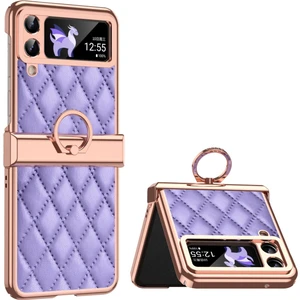 Samsung Galaxy Z Flip3 Için 5g Yüzük Kickstand Elektraplatma Pu Deri Kaplamalı Pc Kılıfı Baskılı Rhombus Izgara Deseni Katlanır Telefon Kapağı (Yurt Dışından)