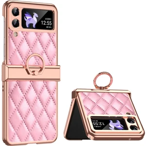 Samsung Galaxy Z Flip3 Için 5g Yüzük Kickstand Elektraplatma Pu Deri Kaplamalı Pc Kılıfı Baskılı Rhombus Izgara Deseni Katlanır Telefon Kapağı (Yurt Dışından)
