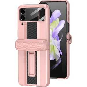 Samsung Galaxy Z Flip4 Için Gkk Süper Otomobil Serisi 5g Manyetik Menteşe Koruma Telefon Kılıf Karbon Fiber Doku Pc Temperli Cam ile Gizli Kickstand Kapak (Yurt Dışından)