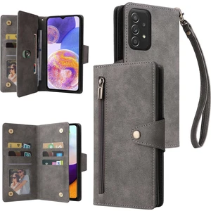 Samsung Galaxy A23 4g / A23 5g (Global Versiyon) / M23 5g / F23 5g Destekleme Stand Cüzdan Fermuarı Cep Telefonu Kapak Perçin Tokalı Pu Deri Telefon Kılıfı Kayış (Yurt Dışından)