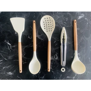 Silikon Bambu Saplı 5 Parça Mutfak Servis Seti Krem Rengi (Maşalı)