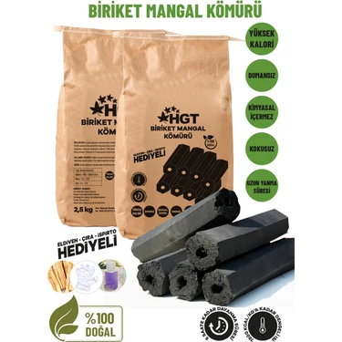 Briket Mangal Kömür Doğal Kimyasal Sız Presle Üretilmiş Dumansız Kokusuz Yüksek Isı 2,5 kg