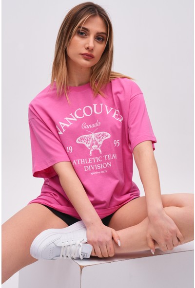 Giysa Fuşya Kadın Pamuk Vancouver Baskılı Oversize T-Shirt