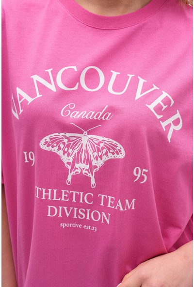 Giysa Fuşya Kadın Pamuk Vancouver Baskılı Oversize T-Shirt