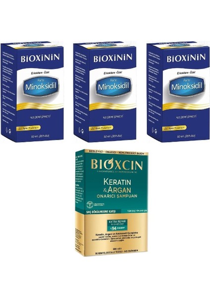 Bioxin Forte %5 Deri Spreyi 60 ml 3 Adet + Bioxcin Keratin & Argan Onarıcı Şampuan 300 ml