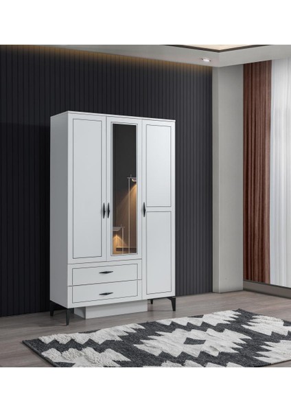 Çizgi 3 Kapılı 2 Çekmeceli Gardırop Elbise Dolabı 120X47X200