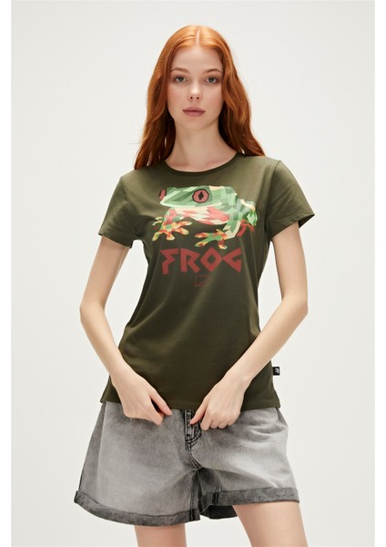 Frog T-Shirt Haki Yeşil Baskılı Kadın Tişört10