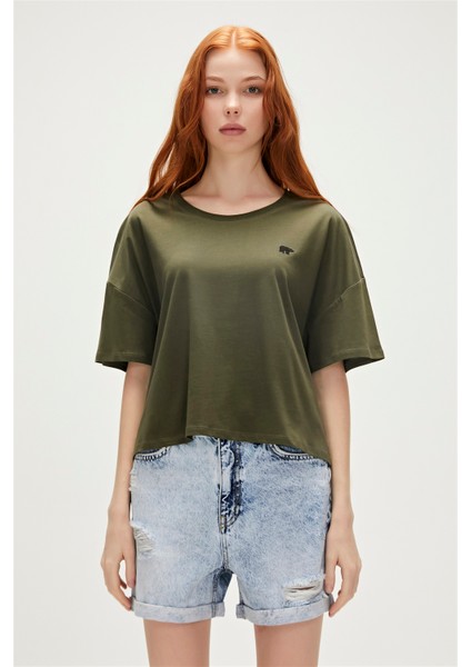 Lara Oversize T-Shirt Haki Yeşil Basic Kadın Tişört10