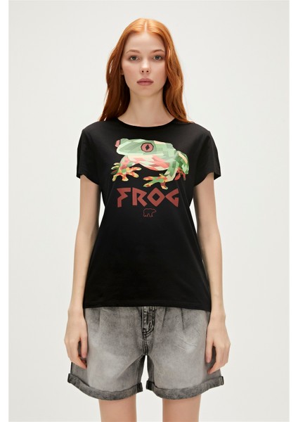 Frog T-Shirt Siyah Baskılı Kadın Tişört10