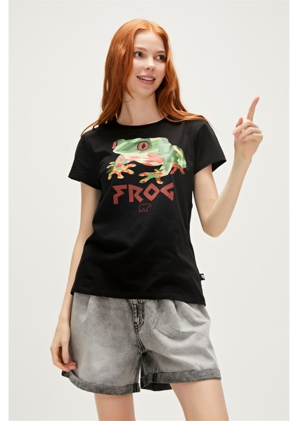 Frog T-Shirt Siyah Baskılı Kadın Tişört10