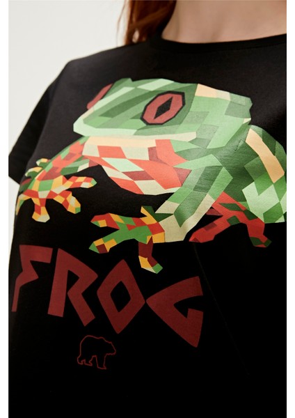 Frog T-Shirt Siyah Baskılı Kadın Tişört10