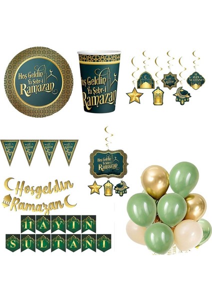 Hoş Geldin Ramazan Temalı Yeşil Renk Ağırlıklı Süsleme ve Sofra Seti