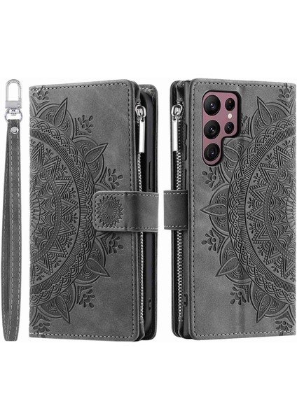 For Samsung Galaxy S23 Ultra, Mandala Çiçek Baskılı Pu Deri Stand Kapağı Çoklu Kart Yuvası Cüzdan (Yurt Dışından)