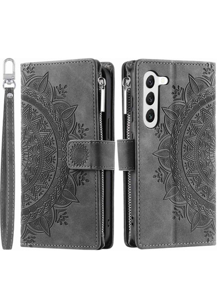 For Samsung Galaxy S23 Plus Için Fermuar Cep Telefonu Kılıfı, Mandala Çiçek Basılı Pu Deri Stand Kapağı Birden Fazla Kart Yuvası Cüzdan (Yurt Dışından)