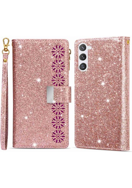 For Samsung Galaxy S23 Için Plus Kart Tutucu Damla Geçirmez Telefon Kapağı Lazer Oyma Glittery Yıldızlı Tarz Fermuar Cüzdan Stand Deri Telefon Kılıfı Kayış (Yurt Dışından)