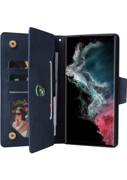 For Samsung Galaxy S23 Ultra Telefon Kılıfı Stand Cüzdan Birden Çok Kart Yuvası Perçin Toka Pu Deri Telefon Kapağı Kayışla (Yurt Dışından) modelleri