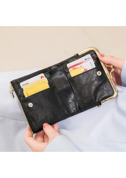 QB309 Kadınlar Cüzdan Ince Bifold Pu Deri Kart Torbası Vintage Para Çantası Fermuar ve Öpücük Kilidi (Yurt Dışından)